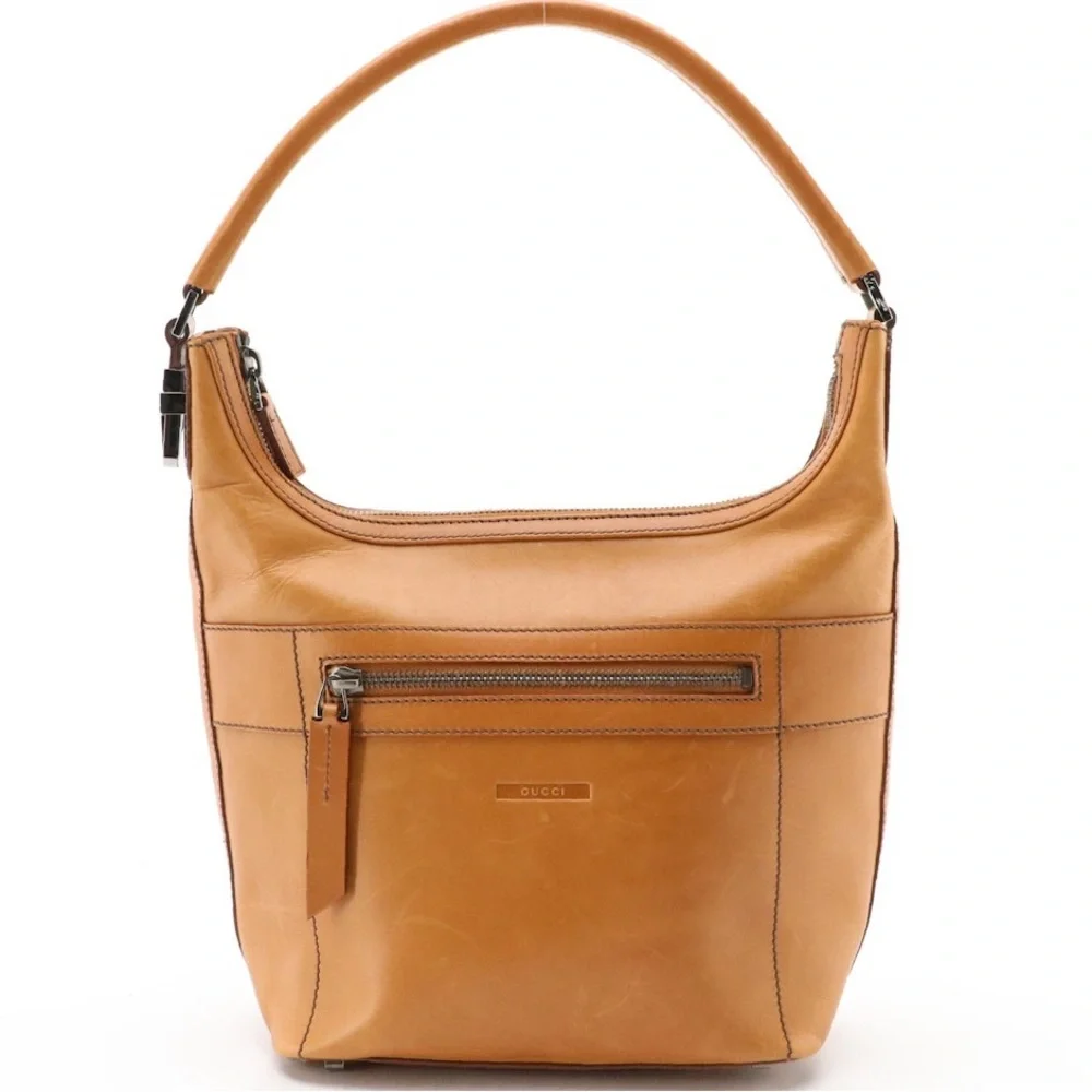 GUCCI Front Zip Pocket Hobo Bag in Light Brown Leather